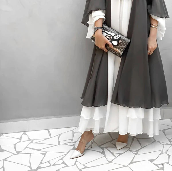 Luxurious Layla Grey & White 3 Layered Abaya Two Pc Set