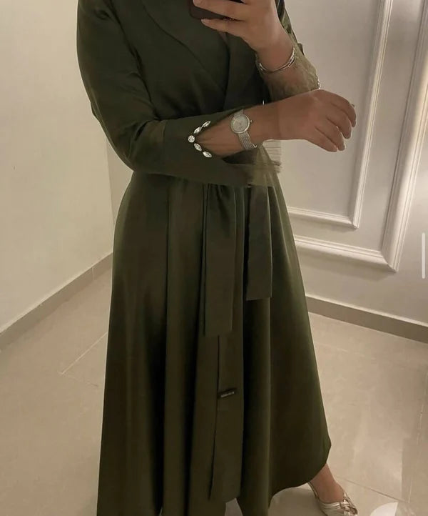 Reen Turkish Embelisshed Abaya Frilled Sleeves Comes With A Free Hijab