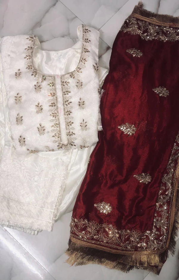 White & Red Pakistani Suit Stitched 3 PC Set